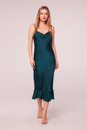 Singing Siren Pine Satin Slip Midi Dress