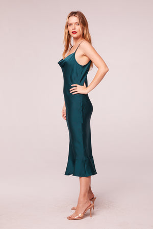Singing Siren Pine Satin Slip Midi Dress