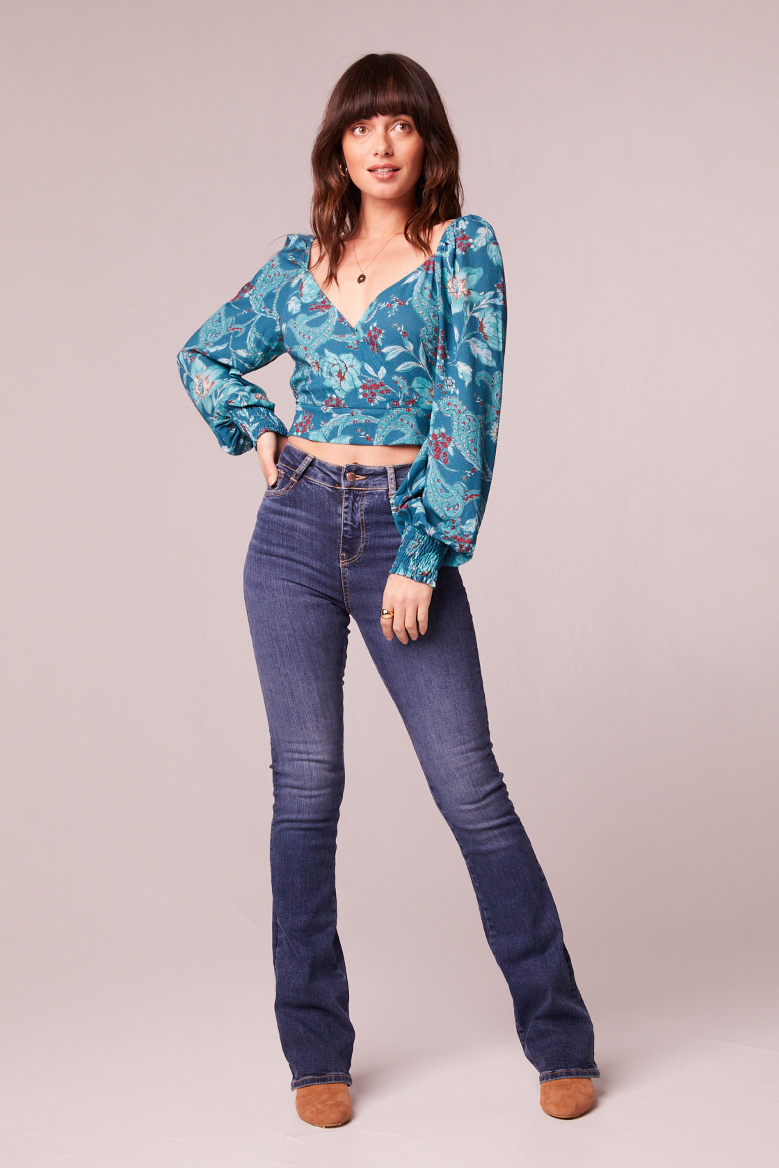 Sybille Teal Floral Crossover Crop Top