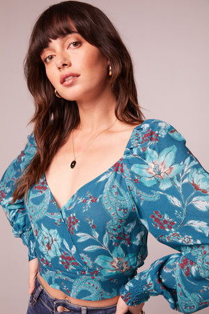 Sybille Teal Floral Crossover Crop Top