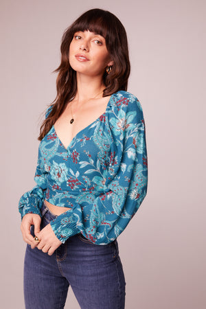 Sybille Teal Floral Crossover Crop Top