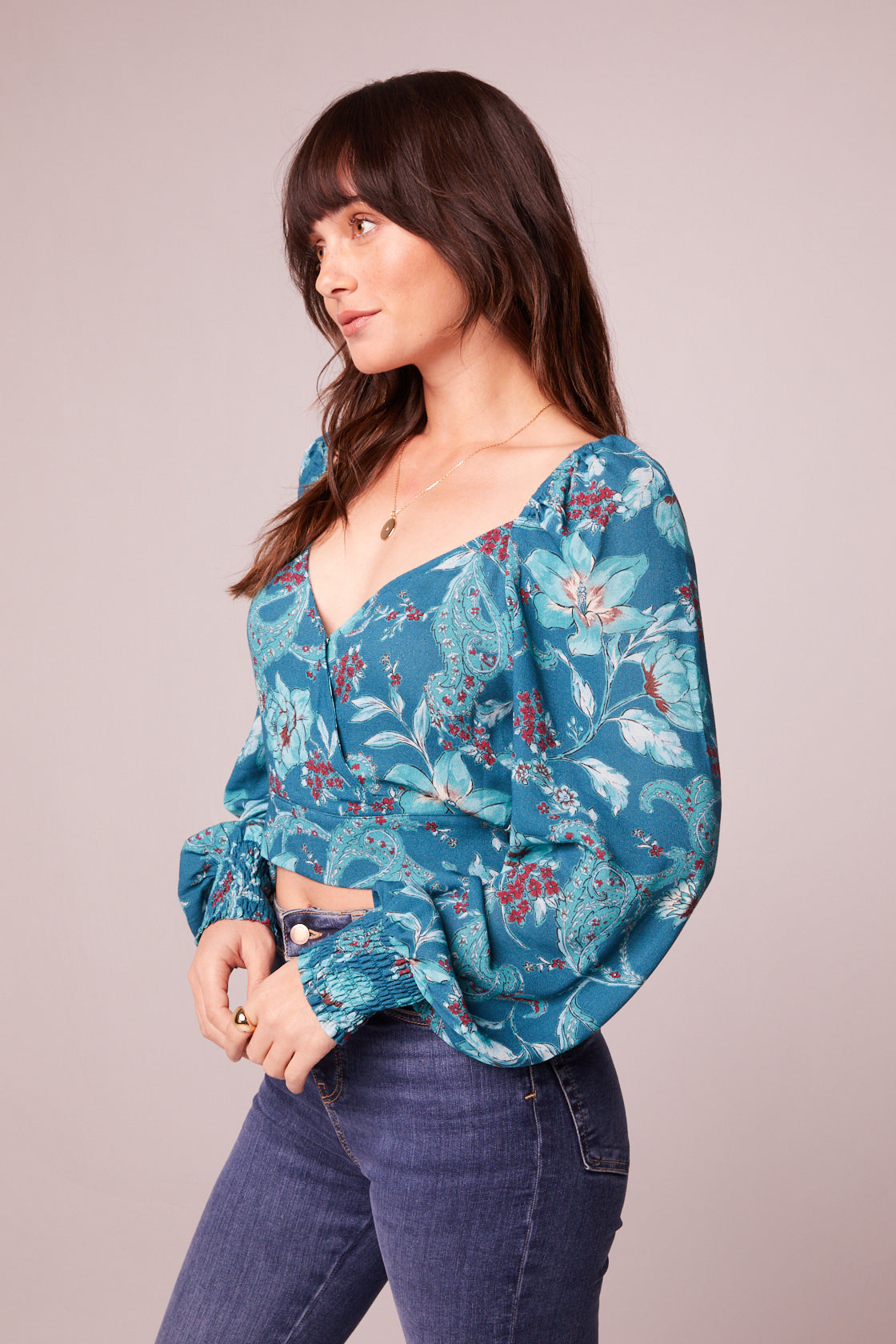 Sybille Teal Floral Crossover Crop Top