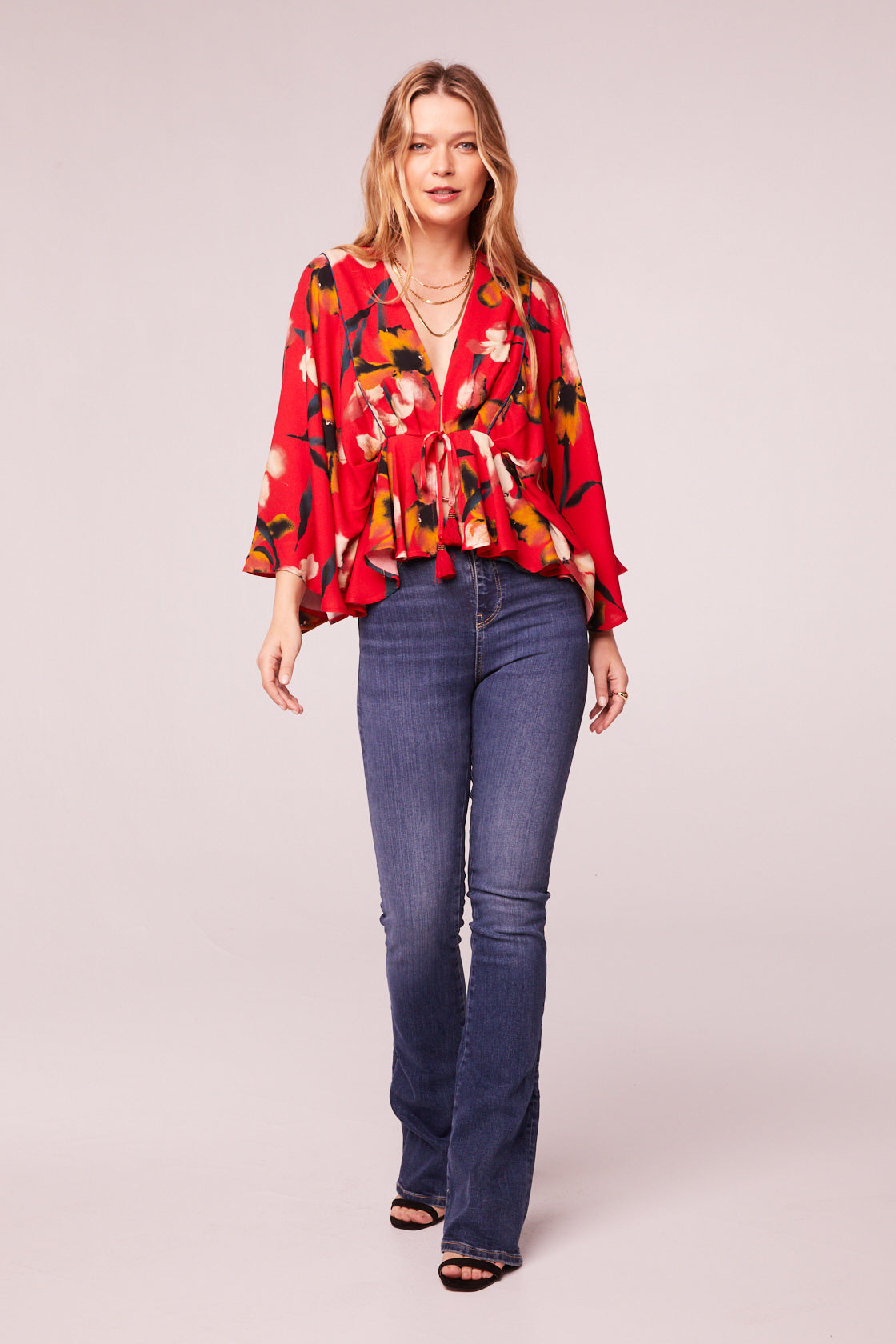 The High Priestess Red Floral Batwing Top