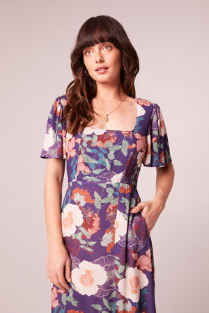 Thea Purple Floral Square Neck Midi Dress