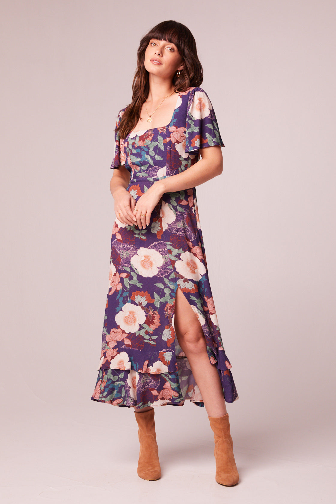 Thea Purple Floral Square Neck Midi Dress