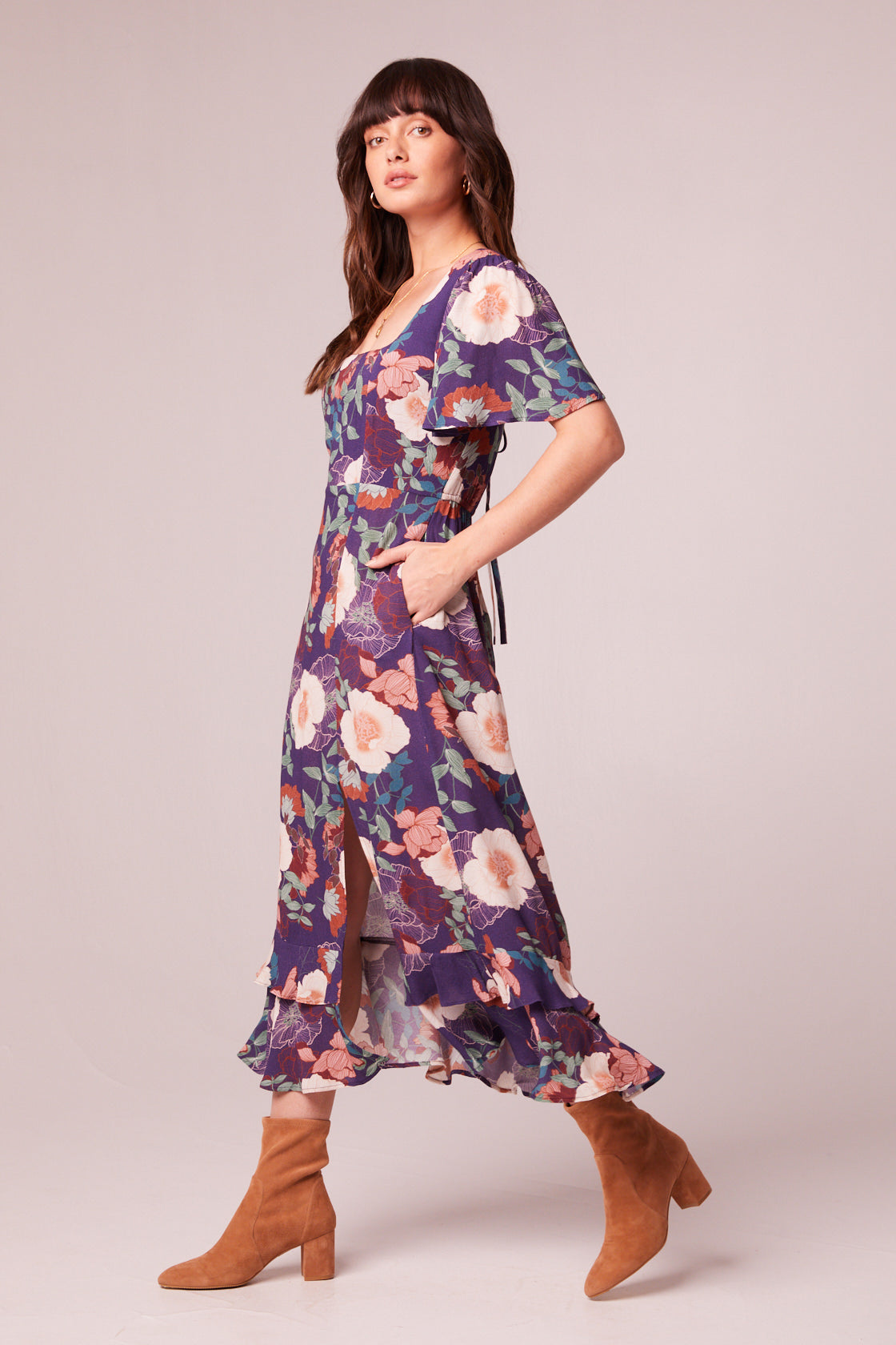 Thea Purple Floral Square Neck Midi Dress