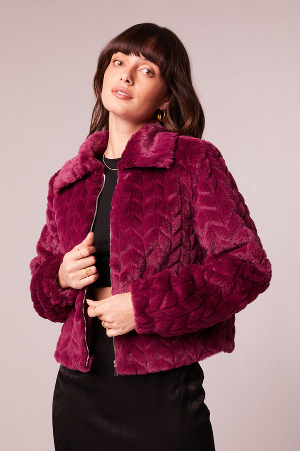 Val Eggplant Faux Fur Chevron Jacket
