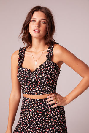 Zuma Black Floral Ruffle Edge Crop Top