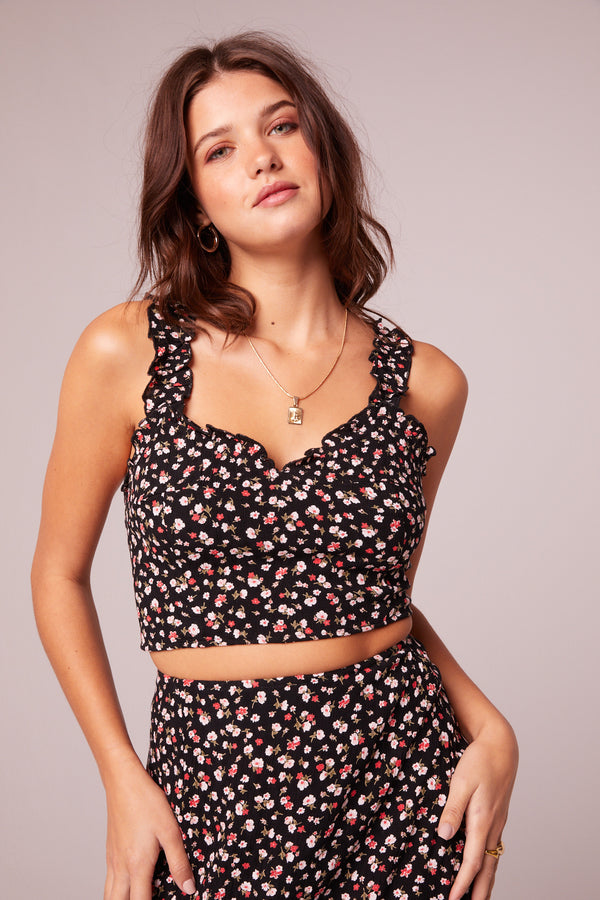Zuma Black Floral Ruffle Edge Crop Top